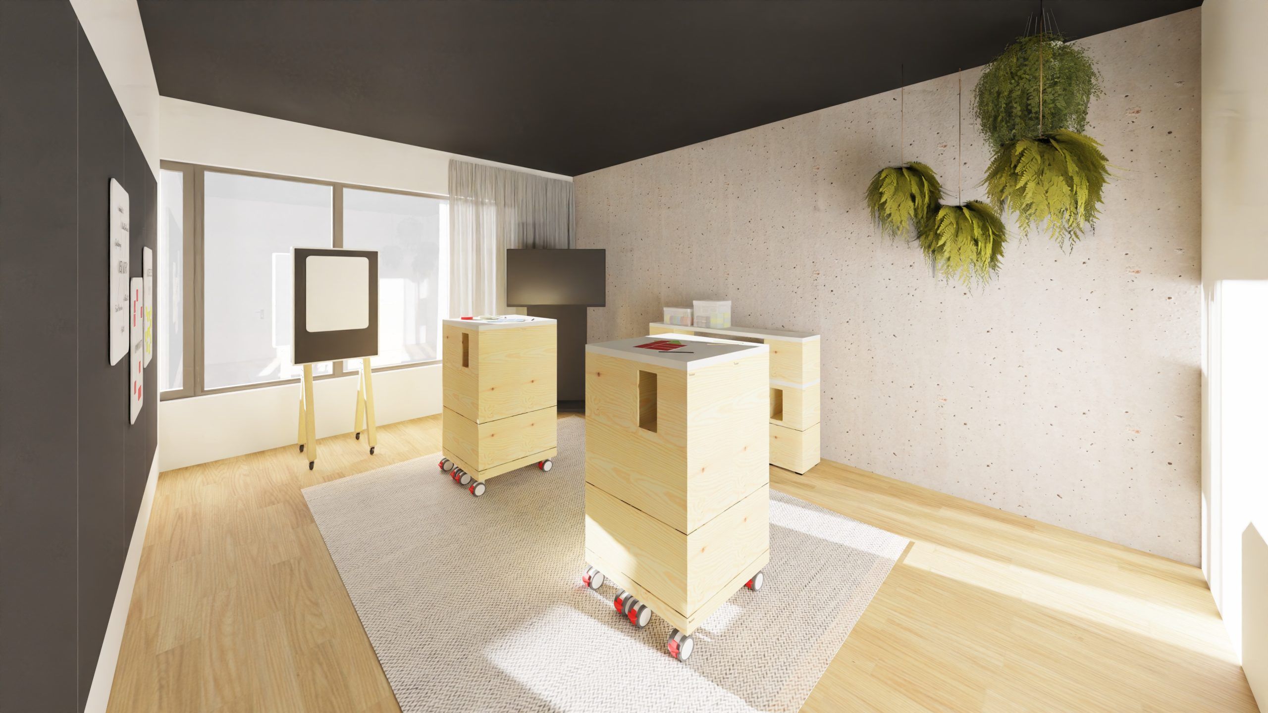 Skizze eines Raumes mit Draufblick. An zwei Wänden Möglichkeiten zum Anpinnen. Links an der Wand Videowand mit vier Bildschirmen. Mittig Holzboden mit L-förmigem Tisch und Hockern sowie Konferenzbestuhlung und zwei weiteren Büroelementen im Raum.