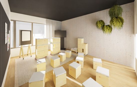 Skizze eines Raumes mit Draufblick. An zwei Wänden Möglichkeiten zum Anpinnen. Links an der Wand Videowand mit vier Bildschirmen. Mittig Holzboden mit L-förmigem Tisch und Hockern sowie Konferenzbestuhlung und zwei weiteren Büroelementen im Raum.