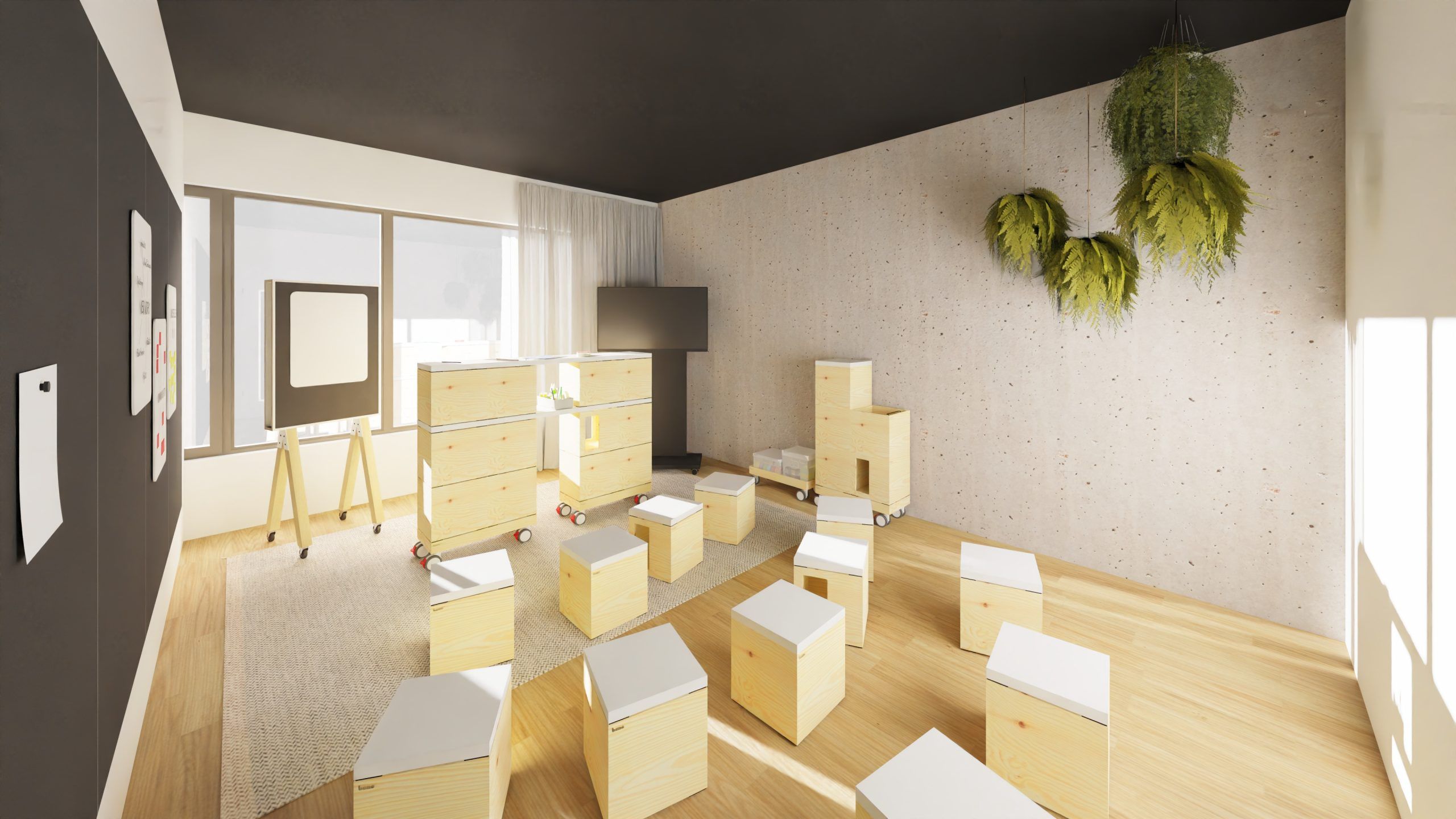 Skizze eines Raumes mit Draufblick. An zwei Wänden Möglichkeiten zum Anpinnen. Links an der Wand Videowand mit vier Bildschirmen. Mittig Holzboden mit L-förmigem Tisch und Hockern sowie Konferenzbestuhlung und zwei weiteren Büroelementen im Raum.