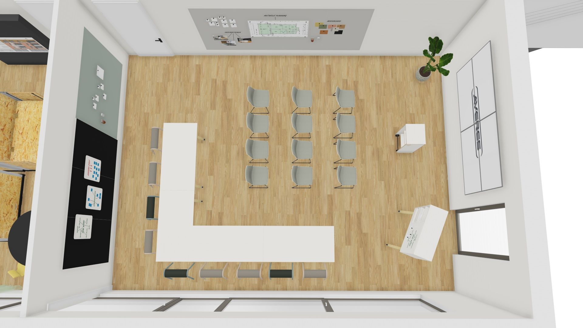 Skizze eines Raumes mit Draufblick. An zwei Wänden Möglichkeiten zum Anpinnen. Links an der Wand Videowand mit vier Bildschirmen. Mittig Holzboden mit L-förmigem Tisch und Hockern sowie Konferenzbestuhlung und zwei weiteren Büroelementen im Raum.